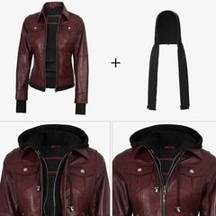 Lightweight Real Leather Women's Bomber Burgundy Jacket with Hood | Regals Leather