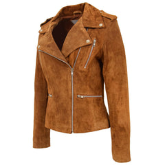 Women's Tan Suede Biker Jacket – Skylar Zip-Up Moto Style Leather Jacket
