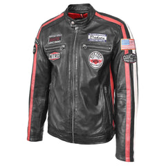Men’s Black Leather Biker Jacket with Motorsport Logos – Bobby Racer Jacket