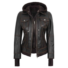 Tralee Women’s Dark Brown Leather Bomber Jacket – Removable Hood | Regals Leather