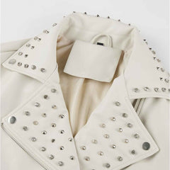 Women’s Faux Leather Studded Rivet Jacket – Short Moto Biker Coat with Stand Collar