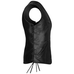 Women's Black Five Snap Leather Motorcycle Vest with Side Laces & Interior Pocket, Classic V-Neck Biker Style Vest