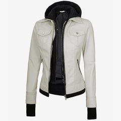 Off-White Lambskin Leather Biker Jacket Removable Hood Thumbhole Women Leather Jacket