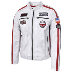 Men’s Real Leather Biker Jacket – Bobby Vintage White Racing Jacket with Motorsport Patches