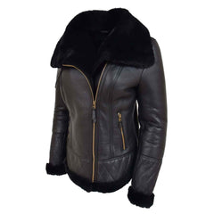Women’s Merino Sheepskin Aviator Leather Jacket – Isabelle Black | Regals Leather