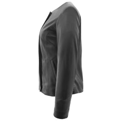 Lambskin Stylish Women's Collarless Round Neck Leather Jacket Moreno Black