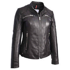 Women’s Black Leather Cafe Racer Jacket – Fitted Quilted Biker Style with Zip Closure