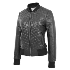 Women’s Real Leather Varsity Bomber Jacket Black – Sally Quilted Design