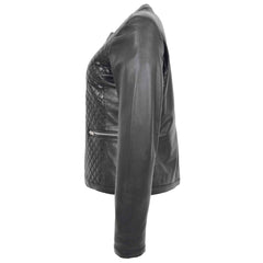 Fashion Women's Leather Collarless Jacket With Quilt Design Joan Black