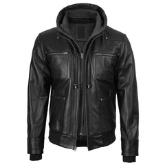 Men's Black Bomber Lambskin Leather Jacket with Removable Hood