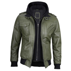 Vintage Handcrafted Men's Military Green Leather Jacket with Removable Hood