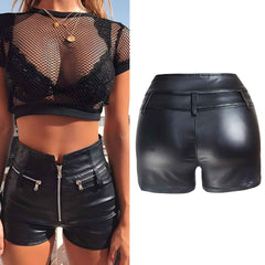 Women’s High Waist Faux Leather Shorts with Zipper Detail – Stylish PU Coated Shorts