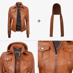 Regals Leather Tralee Women's Tan Brown Wax Bomber Leather Jacket With Removable Hood