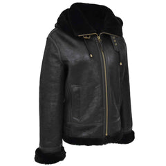 Women's Genuine Sheepskin B3 Bomber Jacket – Naomi Black Hooded Style