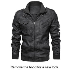 Comfortable Men's Motorcycle Leather Jacket with Removable Hood - Black