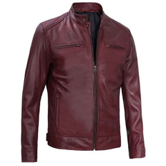 Dodge Men's Cafe Racer Biker Style Burgundy Lambskin Leather Jacket