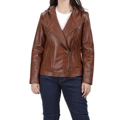 Regals Leather Cidra Women Asymmetrical Brown Hooded Genuine Leather Jacket