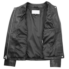 Lambskin Stylish Women's Collarless Round Neck Leather Jacket Moreno Black