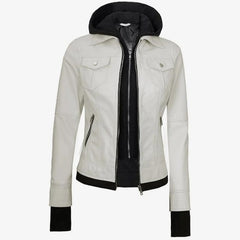 Off-White Lambskin Leather Biker Jacket Removable Hood Thumbhole Women Leather Jacket