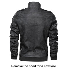Comfortable Men's Motorcycle Leather Jacket with Removable Hood - Black