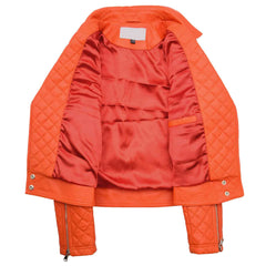 Ziva Orange Women’s Leather Biker Jacket | Quilted Detail Real Leather