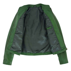 Women’s Real Leather Standing Collar Jacket – Becky Green Classic Fit