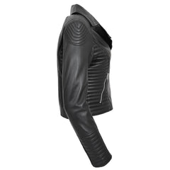 Women’s Real Leather Cross Zip Jacket – Anna Black Classic Biker Design