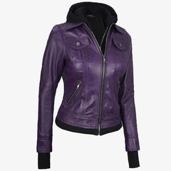 Women’s Purple Lambskin Leather Biker Jacket with Removable Hood & Thumbhole Cuffs