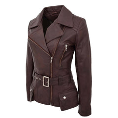 Celia Brown Women’s Leather Motorcycle Jacket – Classic Hip Length Design