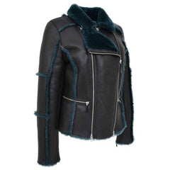 Women’s Sheepskin Aviator Pilot Jacket – Valerie Black Green Shearling Coat