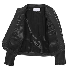 Fashion Women's Leather Collarless Jacket With Quilt Design Joan Black