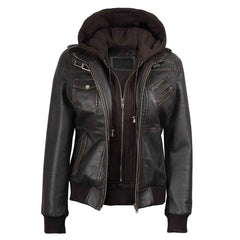 Dark Brown Rub Off Leather Jacket for Women with Removable Hood – Premium Casual Wear