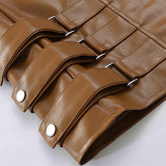 Mens Faux Leather Suit Vest Full Zipper Vintage Slim Fit Waistcoat Vest with Pockets Crewneck Motorcycle Vest Outfits Brown