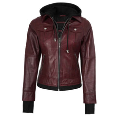 Lightweight Real Leather Women's Bomber Burgundy Jacket with Hood | Regals Leather