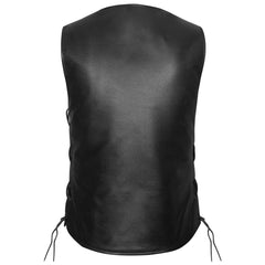 Women's Black Five Snap Leather Motorcycle Vest with Side Laces & Interior Pocket, Classic V-Neck Biker Style Vest