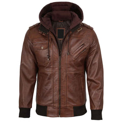 Edinburgh Men's Brown Bomber Genuine Leather Jacket With Removable Hood