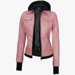 Pink Lambskin Leather Biker Jacket: Removable Hood, Moto Style Women Leather Jacket