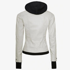 Off-White Lambskin Leather Biker Jacket Removable Hood Thumbhole Women Leather Jacket