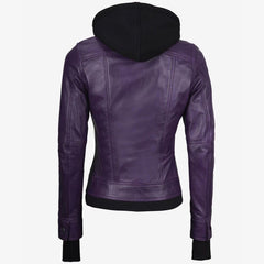 Women’s Purple Lambskin Leather Biker Jacket with Removable Hood & Thumbhole Cuffs