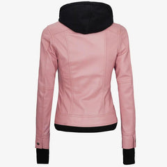 Pink Lambskin Leather Biker Jacket: Removable Hood, Moto Style Women Leather Jacket