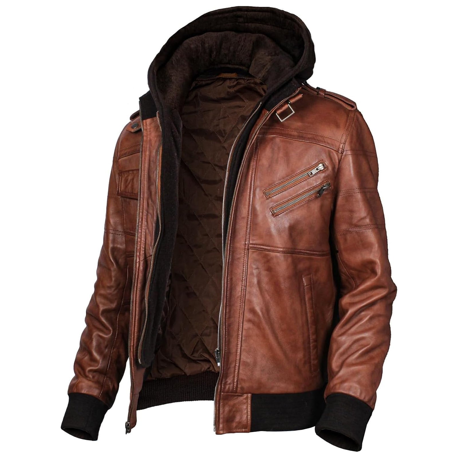 Men's Leather Jacket Genuine Motorcycle Fashion Jacket With Removable Hood Brown Leather Jacket For Man