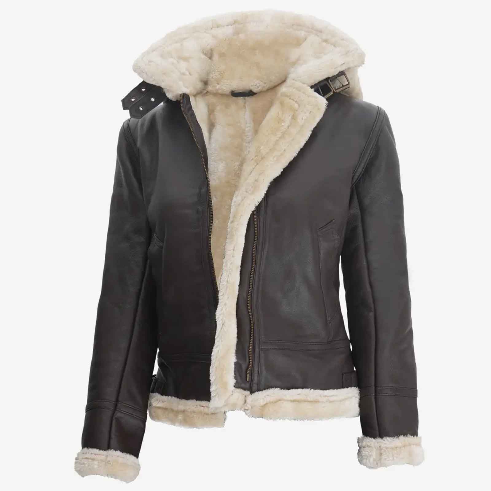 Women’s Dark Brown Hooded Shearling Leather Jacket – Warm Winter Fashion Coat
