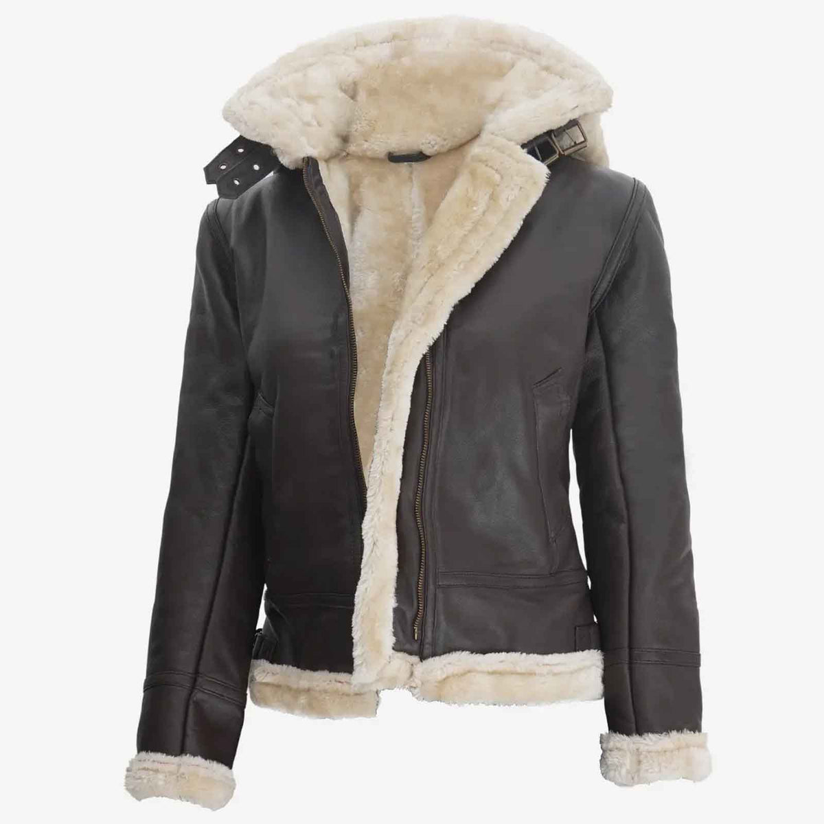 Women’s Dark Brown Hooded Shearling Leather Jacket – Warm Winter Fashion Coat