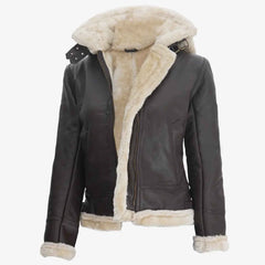 Women’s Dark Brown Hooded Shearling Leather Jacket – Warm Winter Fashion Coat