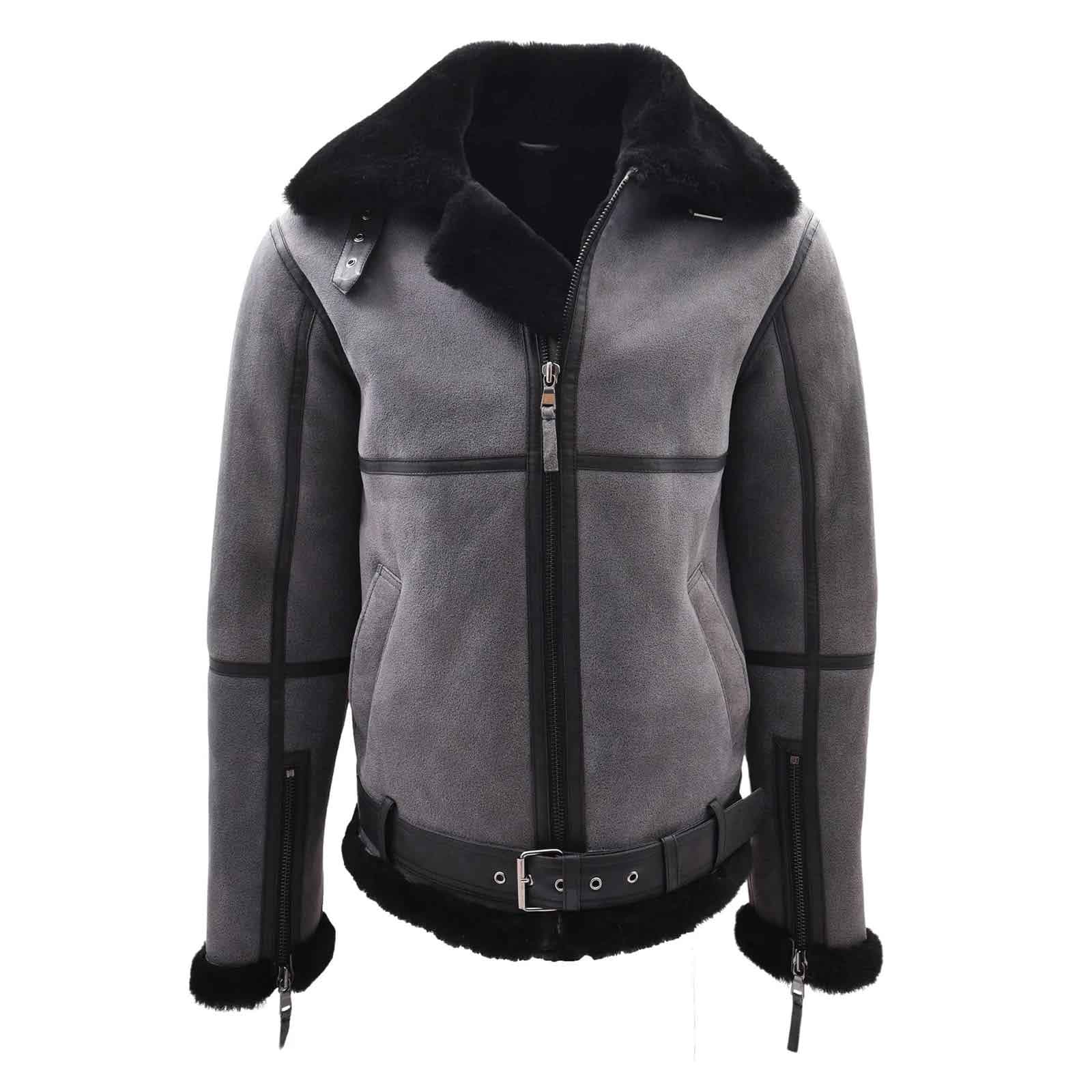 Regals Leather Men’s Grey RAF Sheepskin Bomber Jacket | RAF Aviator Jacket with Black Shearling