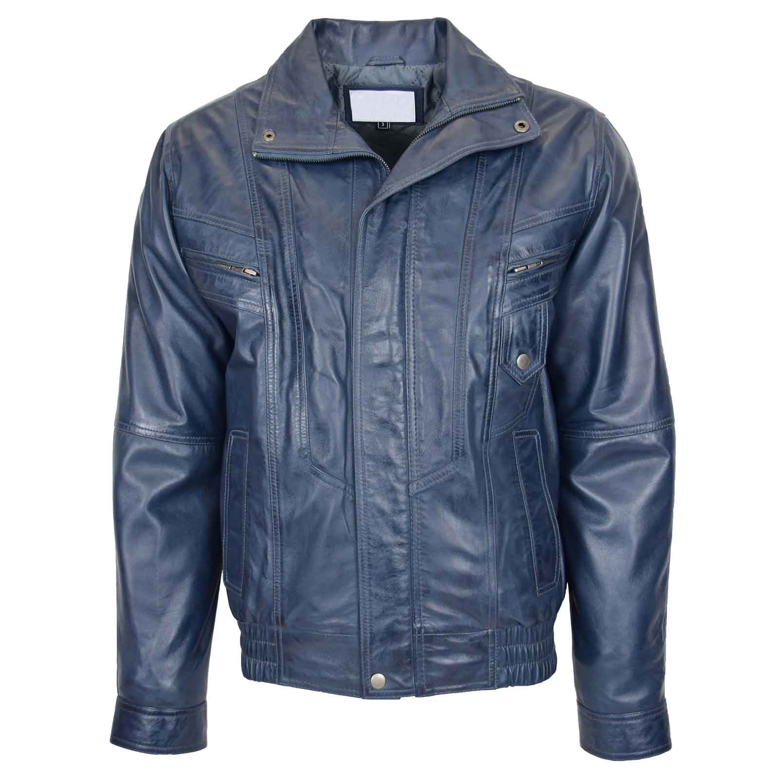 Men’s Leather Bomber Blouson Jacket – Robert Blue Classic Style