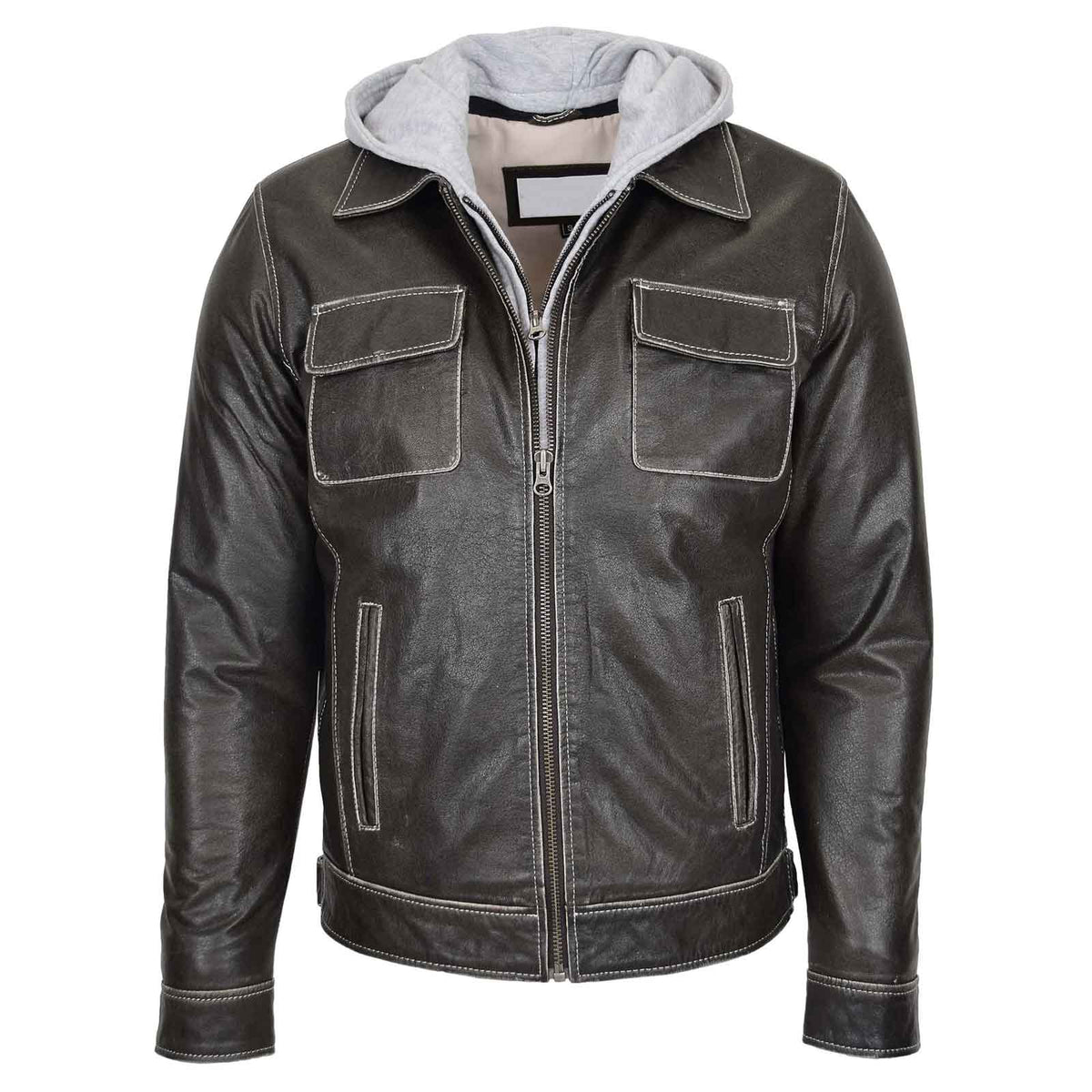 Men’s Leather Work Jacket Cypher Grey with Removable Hoodie | Regals Leather