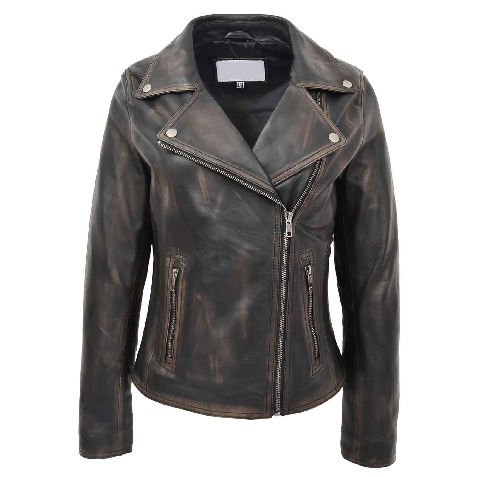 Regals Leather Women’s Soft Leather Cross Zip Biker Jacket – Lola Vintage Black