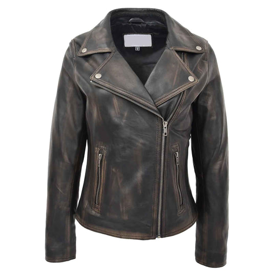Regals Leather Women’s Soft Leather Cross Zip Biker Jacket – Lola Vintage Black