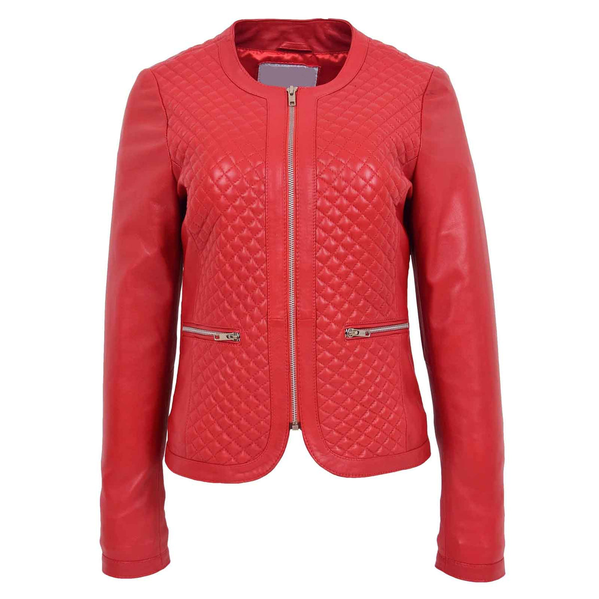 Regals Leather Women’s Red Quilted Collarless Leather Jacket – Joan Slim Fit Biker